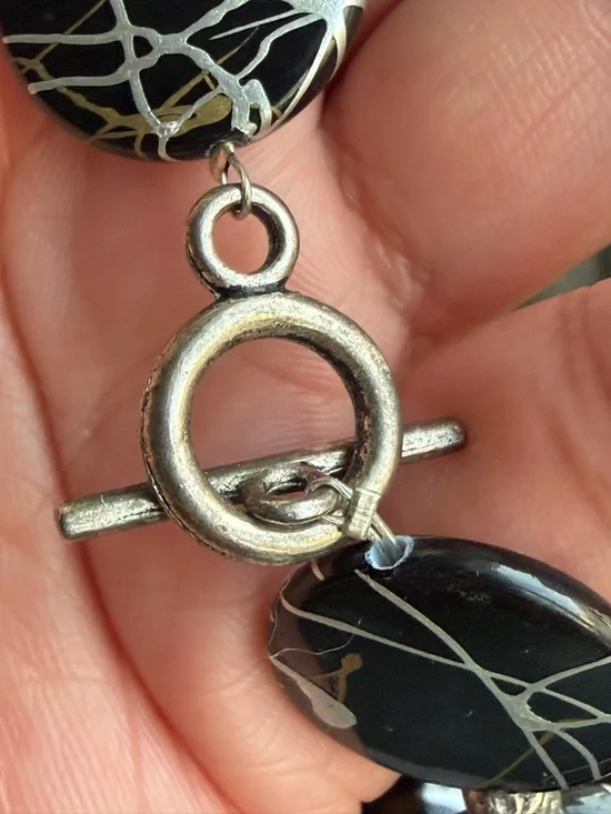 Black Silver and Gold Disc Choker Statement 16” Necklace with Toggle Closure - Picture 3 of 9